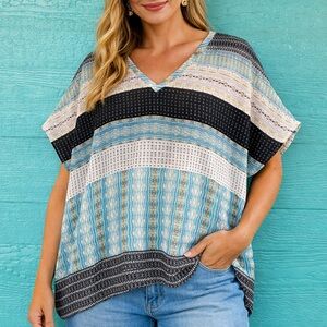 Cabi Sheer Overlay Mixed Print V-Neck Blouse | Flowy Boxy Top | Size Medium